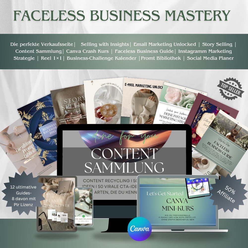 Produktbild von einem Bundle mit 12 Ebooks zum Thema Online Business, Social Media und Faceless Marketing