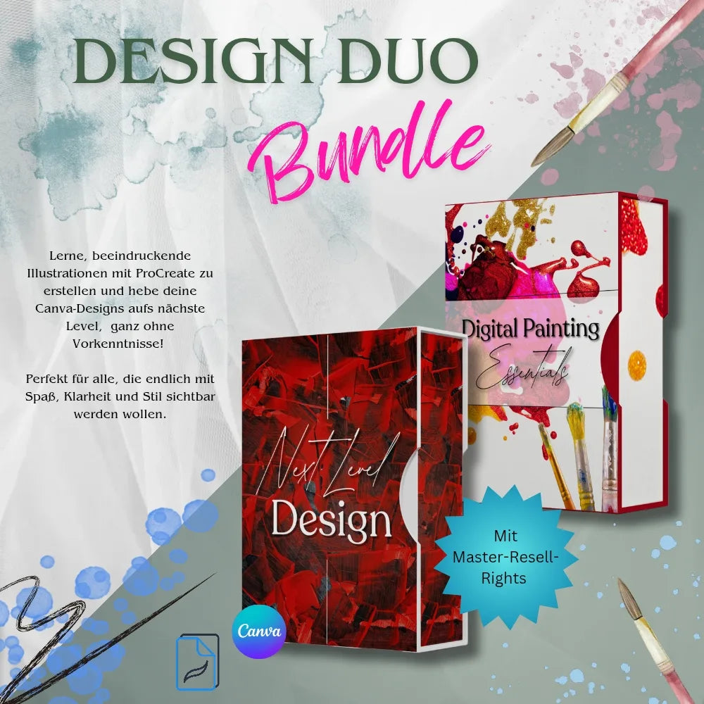 Design Duo Bundle: Lerne Procreate-Illustrationen und Canva-Designs ohne Vorkenntnisse, mit Master-Resell-Rechten (MRR) für kreative Sichtbarkeit.