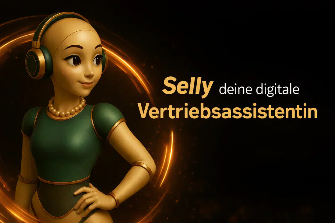 Selly digitale Vertriebsassistentin – KI-Illustration mit Headset, modernes Design, automatisierter Online-Verkauf.