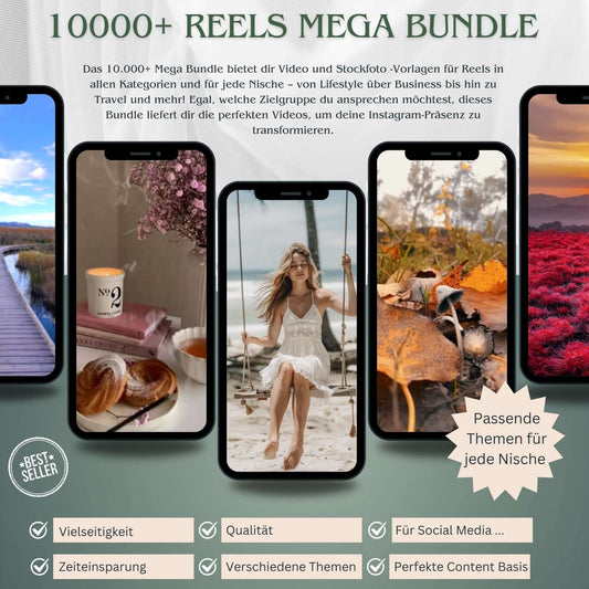 10.000+ Reels Mega Bundle – Umfangreiches Video- und Stockfoto-Paket für Instagram Reels in jeder Nische: Lifestyle, Business, Travel und mehr. Spare Zeit mit hochwertigen, vielseitigen Vorlagen für deine Social-Media-Strategie. Perfekt für Creator, Unternehmer und Influencer, die ihre Instagram-Präsenz auf das nächste Level bringen wollen.