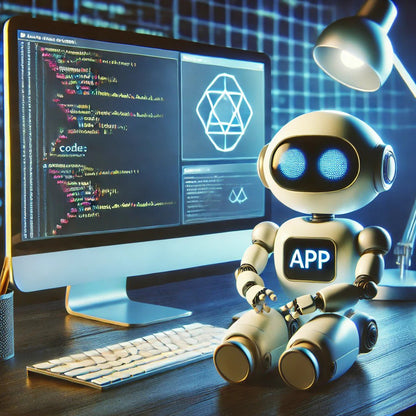 Kleiner KI-Roboter sitzt vor einem Computerbildschirm mit Programmiercode und App-Logo, symbolisiert künstliche Intelligenz und Automatisierung im Online-Business.