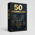 50 AI Business Bots Produktbox im Premium-Design mit dunkelblauen und goldenen Farben, zeigt KI-Roboter-Charaktere für digitale Business-Automatisierung