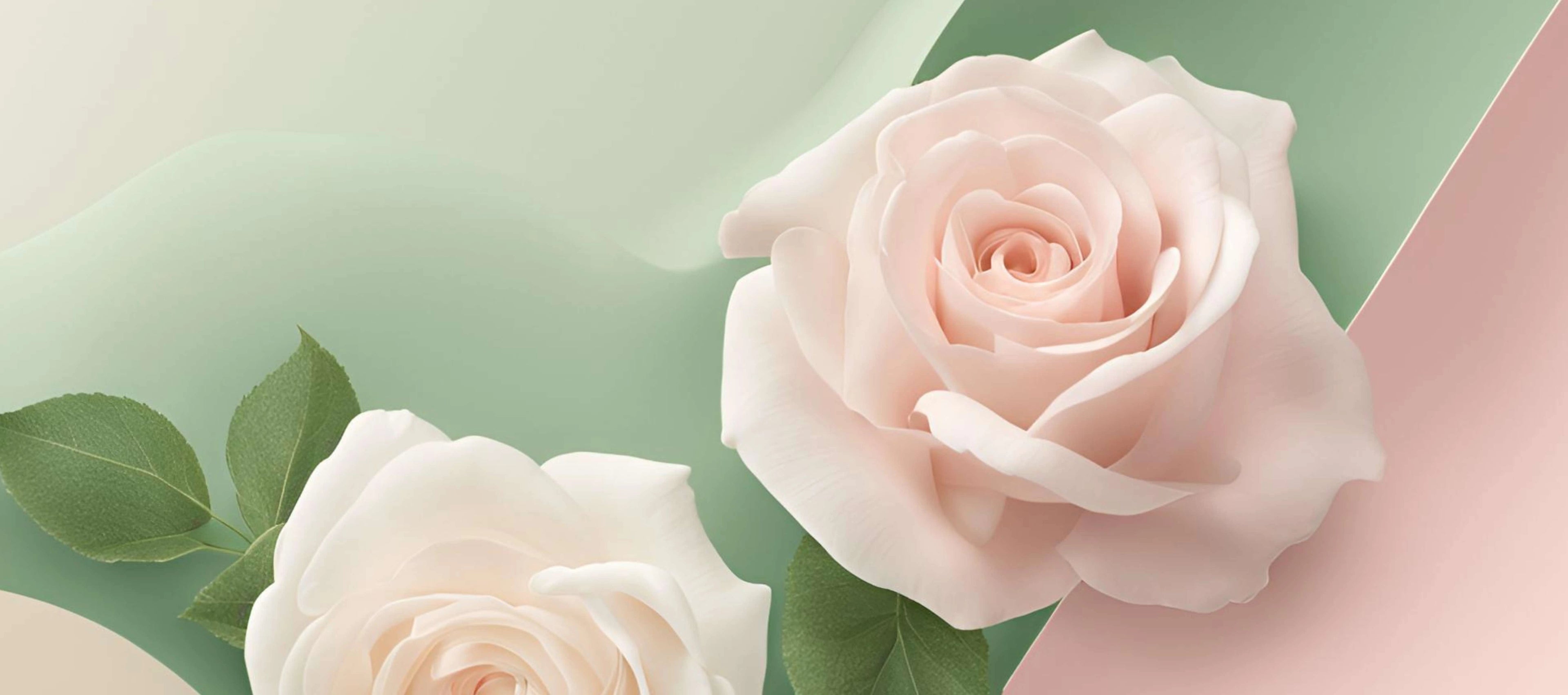 Rosen in hellen grün, rose und weißtönen. Banner Text: Digitale Produkte. Online-Business, Social-Media, Marketing