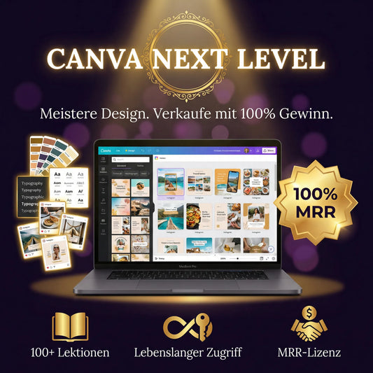 Canva Next Level Kurs – digitales Produkt mit Master Resell Rights, Mockup des Canva-Kurses für Onlinebusiness