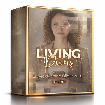 3D Produktbox Living Pixels KI Kurs – luxuriöses Design in Gold, KI Avatar Frau, Bilder zum Leben erwecken, Avatare, Videos & kreative KI Inhalte erstellen