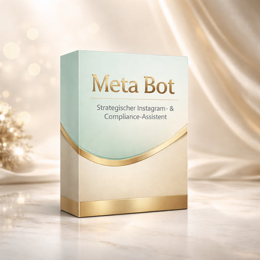 Meta Bot Software Box in Pastell-Mint und Gold, luxuriös inszeniert vor elegantem Hintergrund – KI Instagram Strategie & Compliance Assistent.