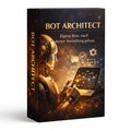 3D-Produktbox „Bot Architect“ mit futuristischem KI-Roboter, der an einem Laptop arbeitet, umgeben von digitalen Symbolen für Systeme, Automatisierung und Custom-GPT-Entwicklung.