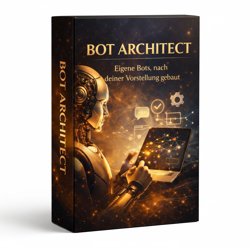 3D-Produktbox „Bot Architect“ mit futuristischem KI-Roboter, der an einem Laptop arbeitet, umgeben von digitalen Symbolen für Systeme, Automatisierung und Custom-GPT-Entwicklung.