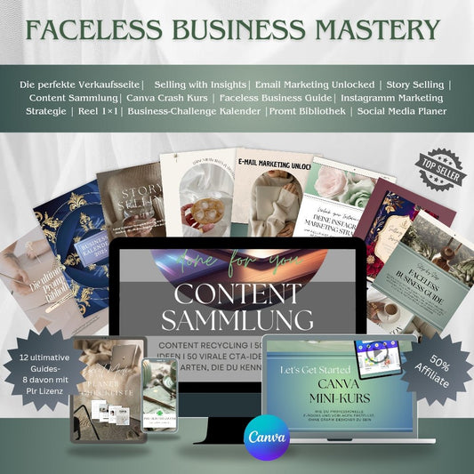 Produktbild von einem Bundle mit 12 Ebooks zum Thema Online Business, Social Media und Faceless Marketing
