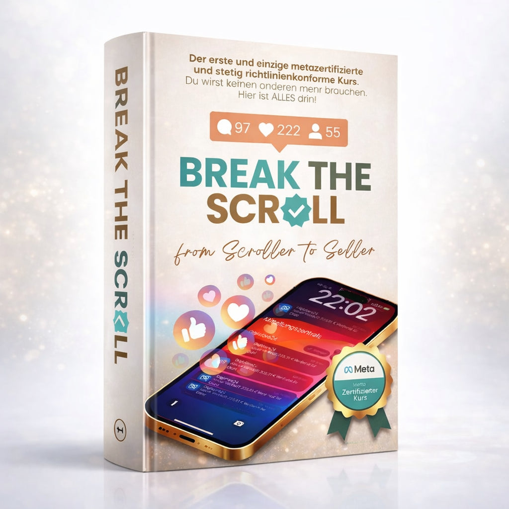 3D Buch Cover „Break the Scroll“ Online Marketing Kurs, moderner Info Guide für Social Media Content, Sichtbarkeit und Verkauf