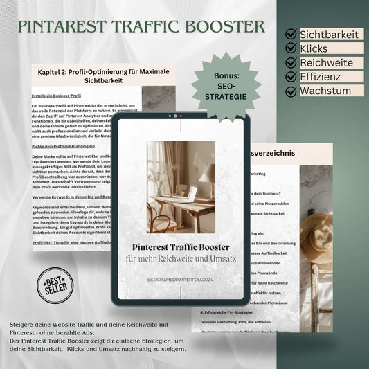 Pinterest Traffic Booster - E Book.
Generiere mehr Reichweite und Traffic mit Pintarest
