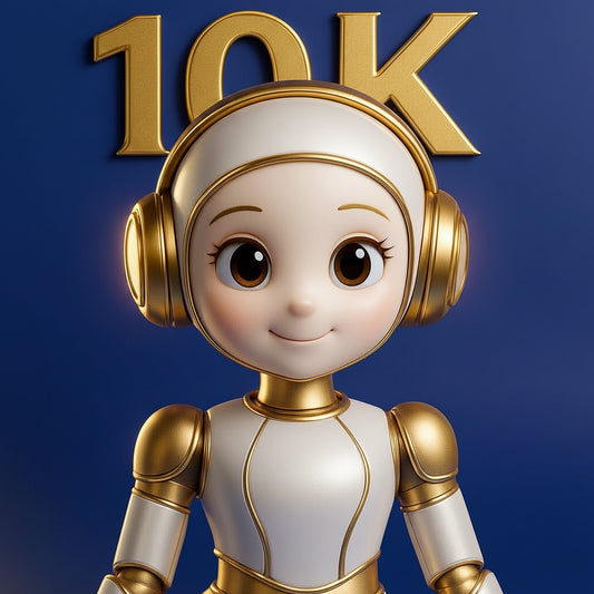 Goldener KI-Roboter mit Kopfhörern und freundlichem Gesicht vor goldenem Hintergrund mit 10K-Schriftzug - Skye Business Coach Bot