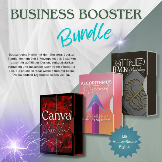 Grafik des "Business Booster Bundle" mit den Kursen Canva Next Level, Algorithmus Mastermind und Mind Hack Marketing, inklusive Master-Resell-Rights.
