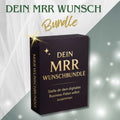 Luxuriöse Werbegrafik für ein digitales Produkt: Im Vordergrund steht eine elegante 3D-Box mit goldener Schrift auf dunklem Hintergrund, beschriftet mit „Dein MRR Wunschbundle: Stelle dir dein digitales Business-Paket selbst zusammen“. Im Hintergrund schimmern goldene und grüne Akzente mit weichen Lichtpunkten und einem stilisierten Vorhang-Effekt. Oben steht in grüner und goldener Schrift der Titel „Dein MRR Wunschbundle“.

