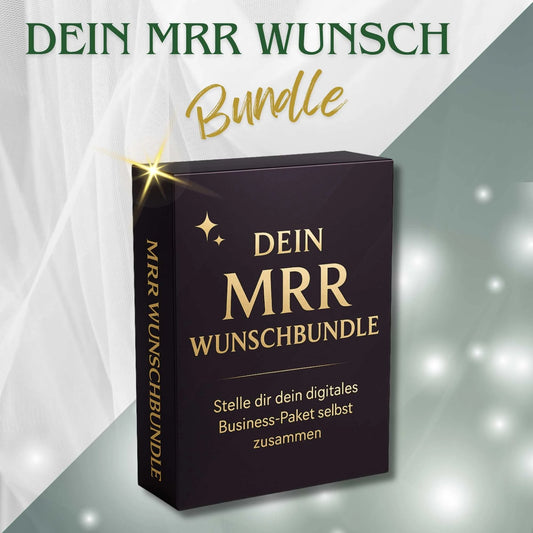 Luxuriöse Werbegrafik für ein digitales Produkt: Im Vordergrund steht eine elegante 3D-Box mit goldener Schrift auf dunklem Hintergrund, beschriftet mit „Dein MRR Wunschbundle: Stelle dir dein digitales Business-Paket selbst zusammen“. Im Hintergrund schimmern goldene und grüne Akzente mit weichen Lichtpunkten und einem stilisierten Vorhang-Effekt. Oben steht in grüner und goldener Schrift der Titel „Dein MRR Wunschbundle“.

