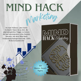 Grafik für das digitale Produkt Mind Hack Marketing. Links steht ein Text: Du hast Follower, aber keine Verkäufe? Dann ist es Zeit, die psychologischen Trigger zu lernen, die aus Interessenten echte Kunden machen, mit dem Mind Hack Verkaufspsychologie-Kurs inkl. 100% Weiterverkaufsrecht! Darunter befinden sich zwei Illustrationen, ein stilisierter Kopf mit Zahnrädern und eine steigende Umsatz-Grafik. In der Mitte unten steht Mit Master-Resell-Rights (MRR). 
