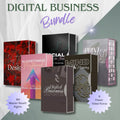 Grafik mit dem Titel Digital Business Bundle. Abgebildet sind sechs digitale Produktboxen mit verschiedenen Titeln: Next Level Design, Algorithmus Mastermind, Social Business Class  TikTok Edition, Print on Demand Masterclass, Mind & Hack Marketing und Digital Business Base. Unten links steht Mit Master-Resell-Rights und unten rechts 6 Power Video-Kurse. Das Design ist modern und ansprechend mit Pastell und Kontrastfarben gestaltet.