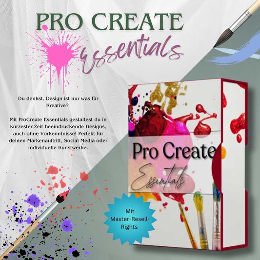 Das Bild zeigt den ProCreate Essentials Kurs, der dir hilft, auch ohne Vorkenntnisse beeindruckende Designs zu erstellen, ideal für Social Media, Branding oder Kunstwerke. Inklusive Master Resell Rights als Bonus.

