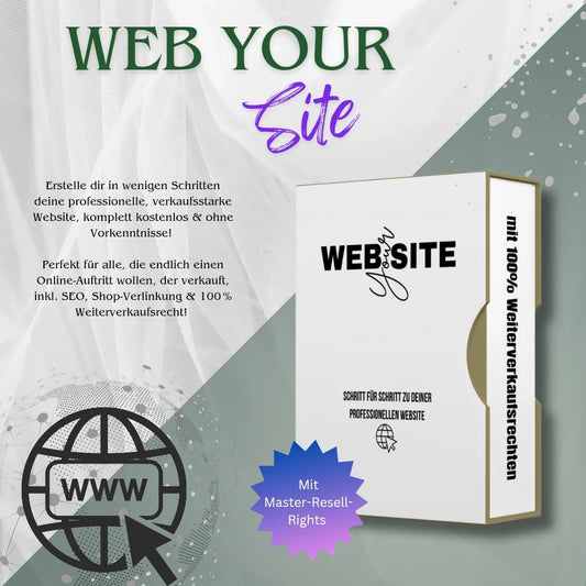 
Grafik mit dem Titel „Web Your Side“ und einer Produktbox zum Website-Kurs mit 100 % Weiterverkaufsrechten (MRR). Text betont: professionelle, kostenlose Website ohne Vorkenntnisse inkl. SEO & Shop-Verlinkung. Mit Symbol „www“ und Hinweis auf Master-Resell-Rights.

