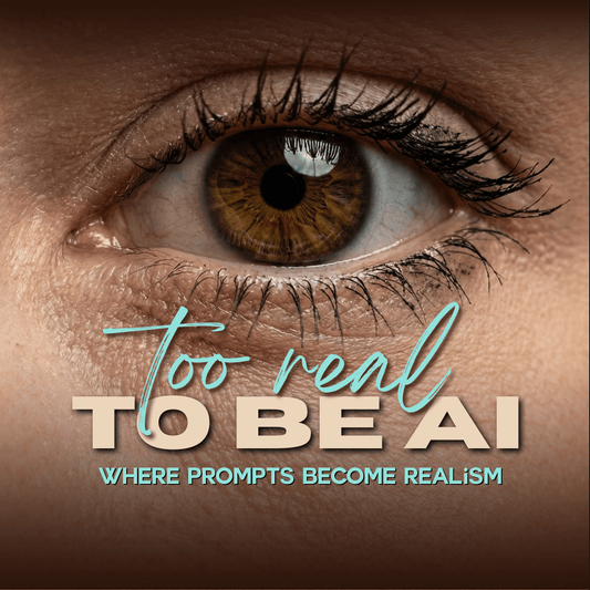 Nahaufnahme eines realistischen menschlichen Auges mit sichtbarer Hautstruktur und Wimpern, darüber der Text „Too real to be AI – Where prompts become realism“, Symbol für fotorealistische KI-Bild-Prompts ohne Fake-Look.