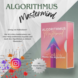 Werbung für das digitale Produkt Algorithmus Mastermind. Auf der linken Seite steht: Genug von Halbwissen? Hol dir echtes Insiderwissen von einer Meta-zertifizierten Expertin und mach den Algorithmus zu deinem Mitarbeiter! In der Mitte unten befindet sich ein Instagram-Logo mit Farbspritzern, daneben ein Sternsymbol mit dem Hinweis Mit Master-Resell-Rights (MRR)