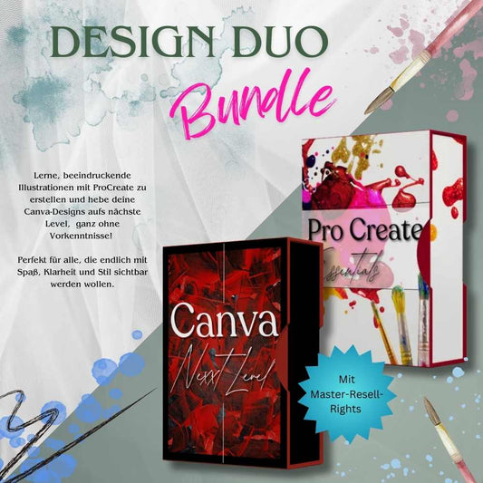 Das Bild zeigt das Design Duo Bundle mit den Kursen ProCreate Essentials und Canva Next Level. Es hebt kreative Gestaltung, einfache Anwendung ohne Vorkenntnisse und den Bonus der Master Resell Rights hervor.

