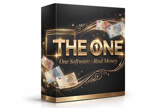 Luxuriöse 3D Produktbox „THE ONE – One Software Real Money“ in Schwarz und Gold mit glänzender Goldschrift, schwebenden Euro-Banknoten und edlen Lichteffekten auf dunklem Premium-Hintergrund.