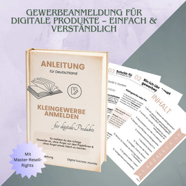 Cover eines E-Books mit dem Titel „Kleingewerbe anmelden für digitale Produkte – Anleitung für Deutschland“. Auf dem beigen Buchcover sind ein aufgeklapptes Buch, ein Stift-Symbol und der Untertitel „So meldest du das richtige Gewerbe an, ohne Angst vor dem Papierkram & ohne Angst etwas falsch zu machen“ zu sehen. Inklusive Mrr