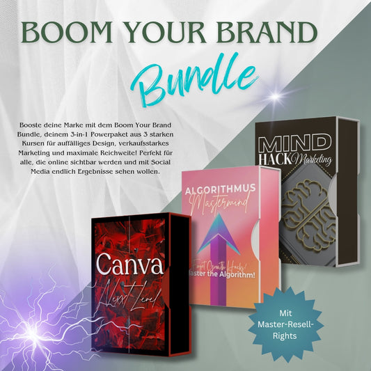 Grafik des "Boom Your Brand Bundle" mit den Kursen Canva Next Level, Algorithmus Mastermind und Mind Hack Marketing, inklusive Master-Resell-Rights.

