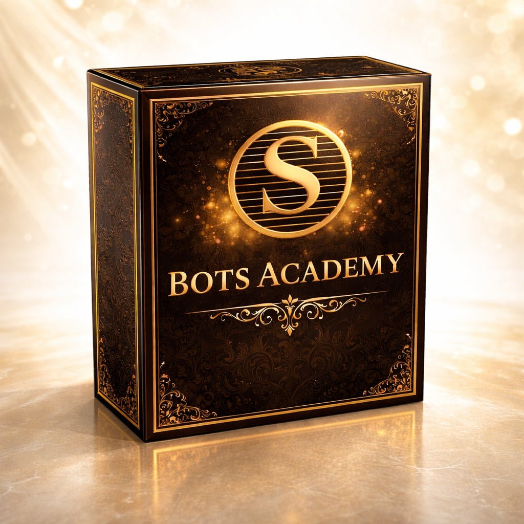 Luxuriöse 3D-Produktbox Bots Academy in Schwarz-Gold mit edlen Ornamenten, goldenem Logo und hellem, elegantem Hintergrund – hochwertiges digitales Kurs-Produktdesign