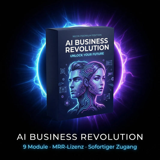 Grafik zum Online-Kurs AI Business Revolution. Im Vordergrund: Produktdarstellung mit Bildschirm und Kursinhalten. Starte dein eigenes Online-Business mit nur einem Kurs, automatisiert, skalierbar & ohne Vorkenntnisse. Mit 100 % Weiterverkaufsrecht und sofort einsetzbaren KI-Tools bist du direkt startklar!