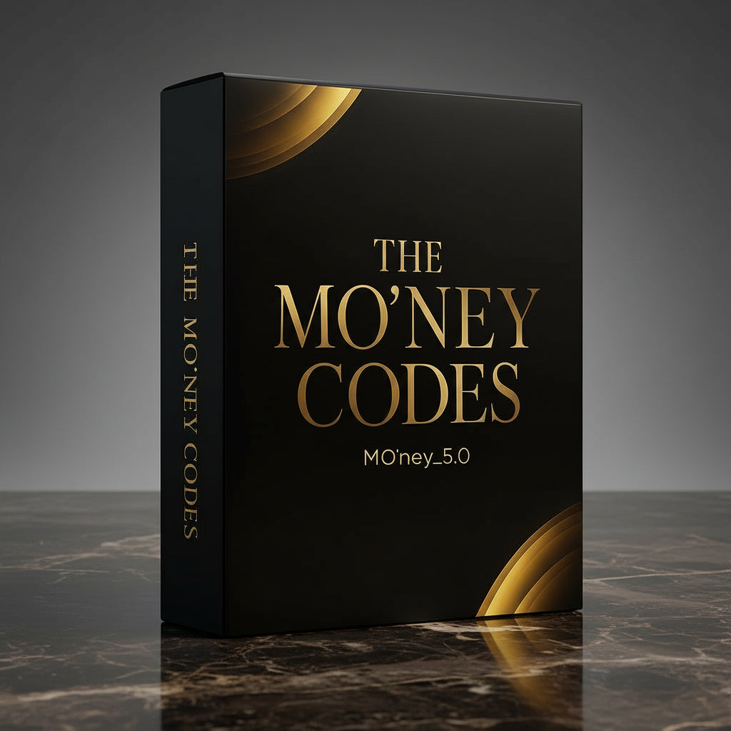 Hochwertige schwarze Buchbox mit goldgeprägtem Titel 'THE MONEY CODES und goldenen Designelementen